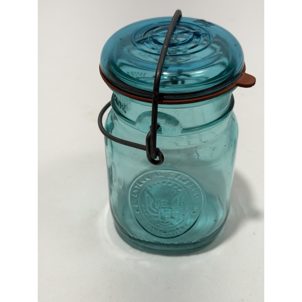 VTG 1776-1976 Ball Ideal Bicentennial Aqua Blue Mason Jar Wire Bail Lid Eagle